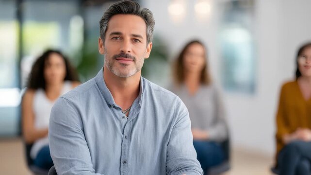 Portrait of a successful businessman in a casual shirt, exuding confidence and approachability. The contemporary workspace and team members create a collaborative atmosphere