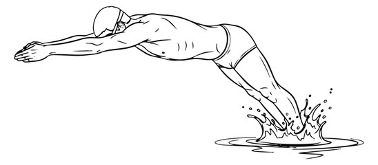 Hand drawn line art illustration of a swimmer depicting a dive into water for sports and fitness