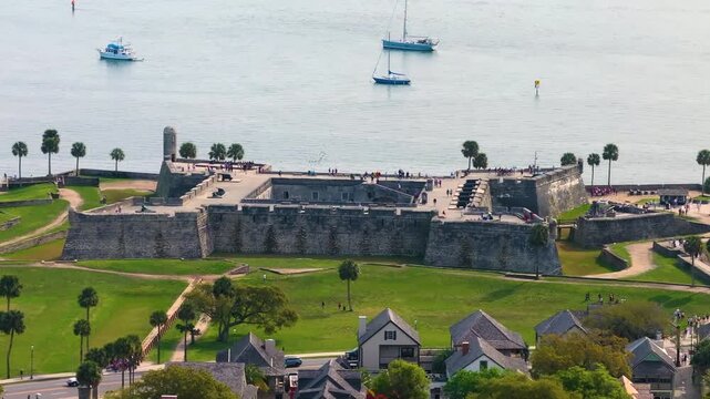 USA travel destination. Aerial view of St. Augustine, Florida with historical landmark Castillo de San Marcos, old masonry fort.