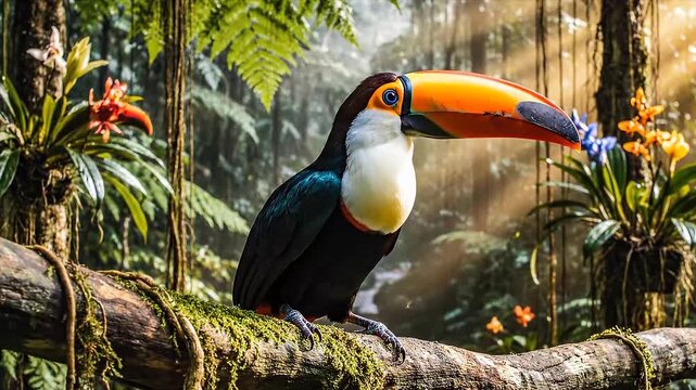 Toco Toucan Perched on a Mossy Branch in a Sunlit Tropical Rainforest