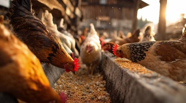 Group of chickens eating feed in a farm yard at sunrise.
