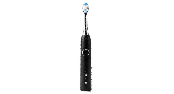An electric toothbrush stands upright on a white surface, viewed from the side, showcasing its sleek design and blue bristles
