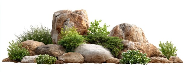 Rough textured rocks intertwined with lush green foliage and grasses