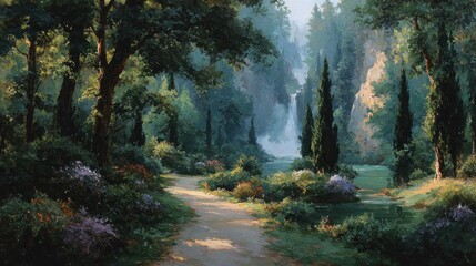 Obraz premium Serene Forest Path with Waterfall