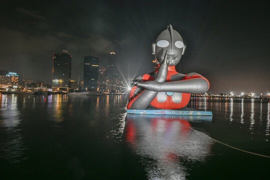 Kaohsiung, Taiwan, February 16, 2026: Landscape View Of Beautiful Harbor With Japanese Anime Figure Ultraman During Lantern Festival At Night, Kaohsiung Wonderland, Yancheng