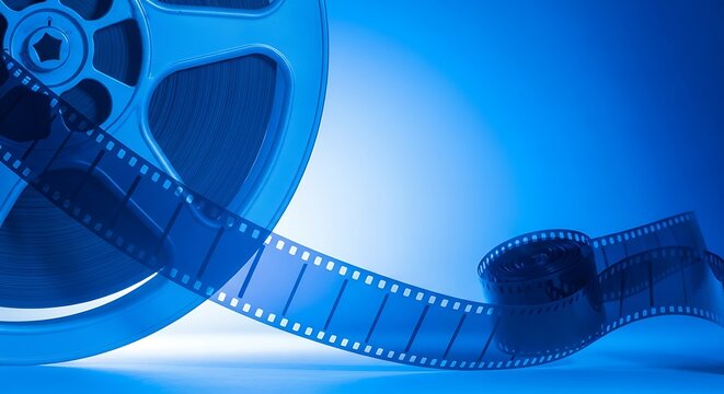 Vintage film reel floating against a gradient blue background
