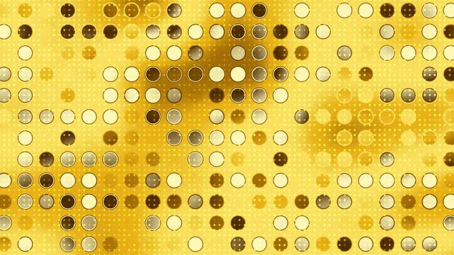 Luxurious gold background with a grid of glowing and reflective circular lights