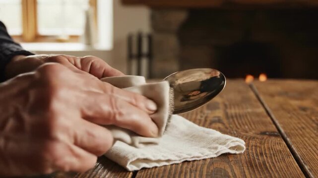 An elderly man carefully polishes a spoon on a wooden table, evoking a sense of nostalgia and care in a warm, homey environment.