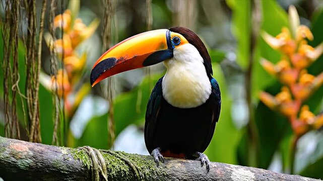 Toco Toucan (Ramphastos toco) Perched on a Mossy Branch in a Sunlit Tropical Rainforest