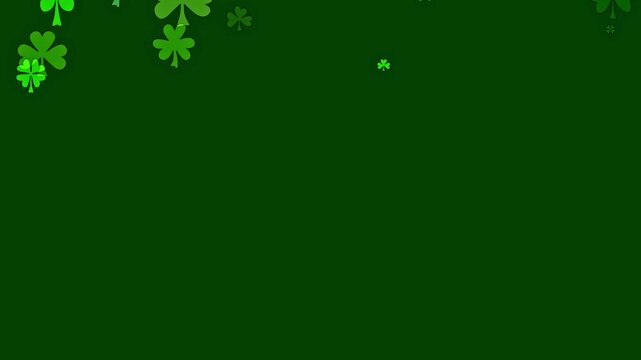 St Patricks day background with cartoon shamrocks in various greens. Three and four leaf clover particles floating downward for a green background to celebrate St Patrick day.