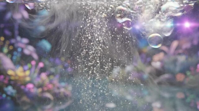 Colorful underwater bubbles rise through a dreamy scene with shimmering light and soft motion