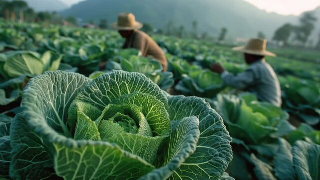 Two laborers on a field of cabbage