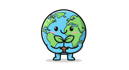 Smiling earth character holding green sprout in hands symbolizing environmental care and sustainability