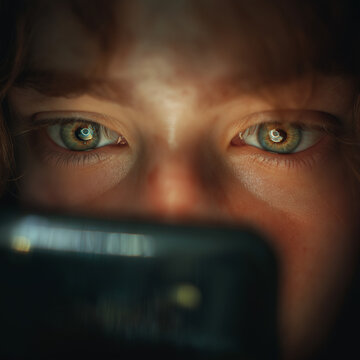 Intense eyes reflect the warm glow of a screen in dim light.