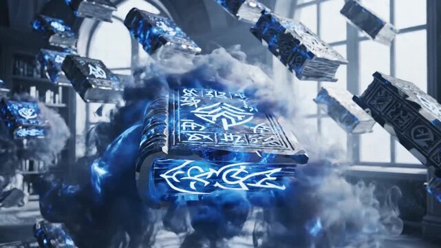 Floating blue rune tablets swirl in a misty library chamber with glowing scripts