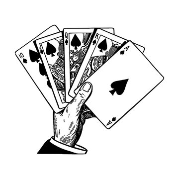 Hand Holding Royal Straight Flush Spades Tattoo Stencil Black and White