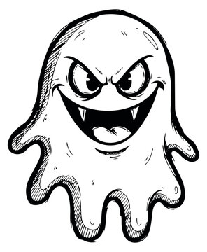 Hand drawn line art illustration of a ghost depicting an evil smile with fangs for Halloween