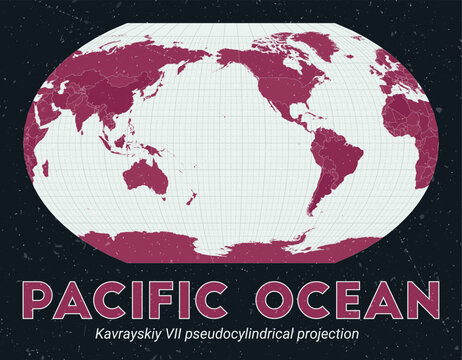 Pacific Ocean. World map. Kavrayskiy VII pseudocylindrical projection centered to Pacific Ocean. Pale Mint Dark Pink palette. Vintage texture. Alive vector illustration.