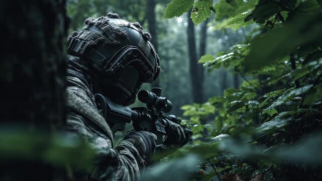 Soldier in camouflage gear aiming rifle in dense forest environment.