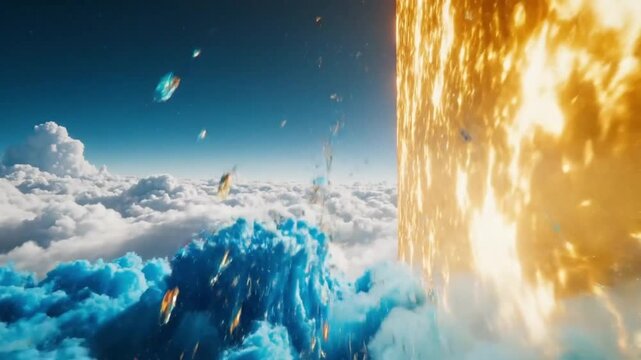 Dramatic sky split by fiery barrier above blue clouds and ocean horizon
