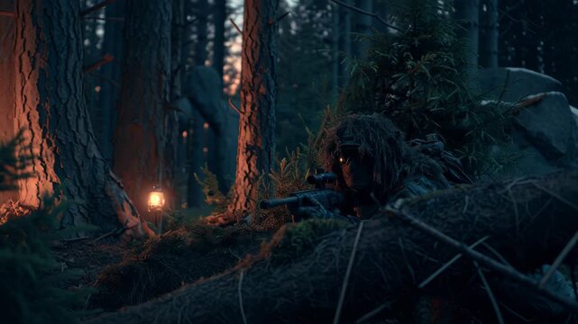 Mysterious figure hiding in dark forest at night with glowing light.