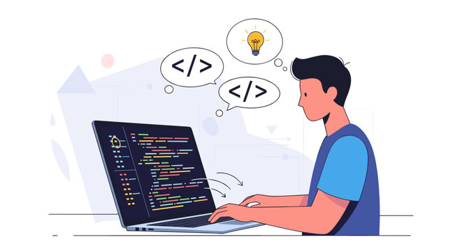 Man coding on laptop computer illustration.