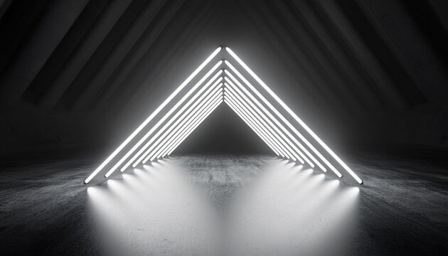 futuristic sci fi triangle white neon tube lights glowing in concrete floor room with refelctions empty space 3d rendering