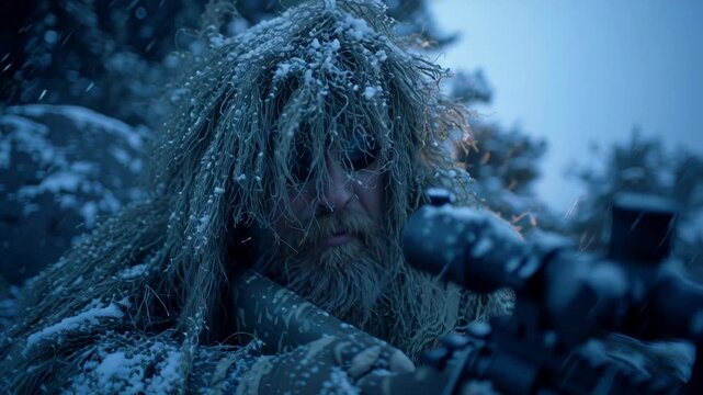 Man camouflaged in snowy environment aiming through sniper rifle.