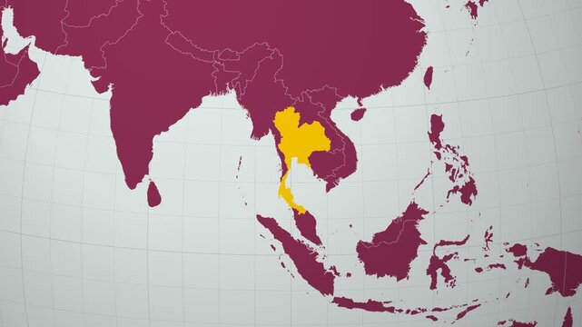Thailand map. Animated zoom into the country on the Globe in Pale Mint Dark Pink color palette. Country logo animation with round text and airplanes. Map with meridians, parallels. Classic video.