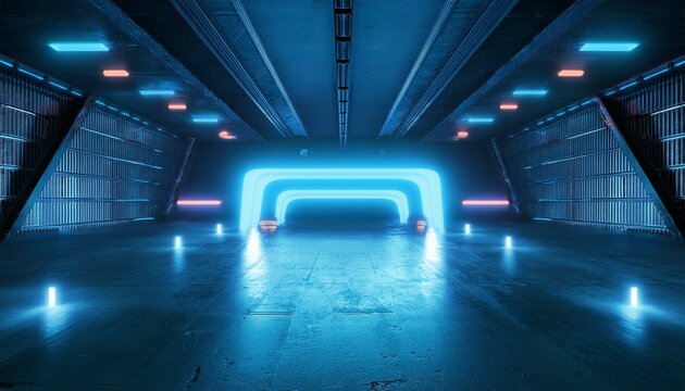 sci fi futuristic cyber retro gaming showcase product garage grunge concrete neon laser glowing blue vibrant background empty hangar studio tunnel background 3d rendering
