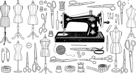 Hand-Drawn Sewing and Tailoring Tools Line Art Illustration Set, featuring Mannequins, Scissors, Measuring Tape, Threads, and Vintage Sewing Machine, for Fashion, Hobby, and Craft © Sarsoti