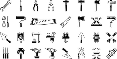 Fototapeta premium Comprehensive Set of Construction Hand Tools and Hardware Icons, Vector Illustrations for Carpentry, Masonry, Plumbing, Painting, and DIY Home Repair Projects