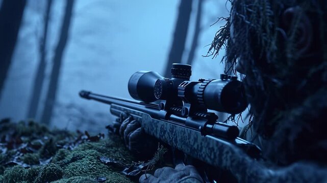 Sniper in ghillie suit aiming rifle in misty forest environment.
