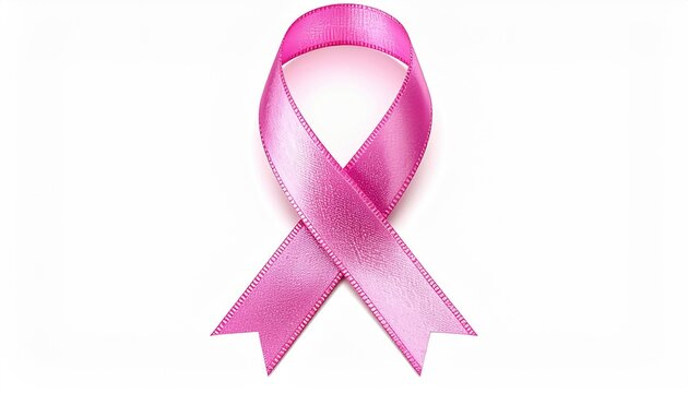 A pink ribbon with a looped top & crossed lower half, casting shadows on white