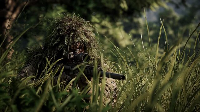 Camouflaged soldier in ghillie suit lying in tall grass with sniper rifle.