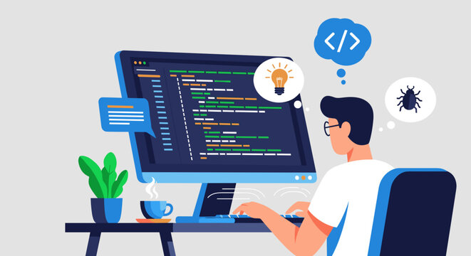 Man Working on Computer Coding Project.