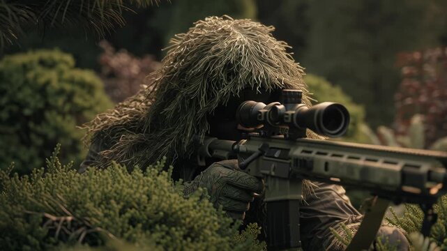 Sniper in ghillie suit aiming through scope in natural environment.