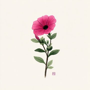 Vibrant pink trumpet flower with green leaves on textured paper