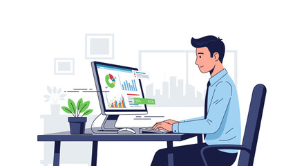 Man Working on Computer with Data Analysis.