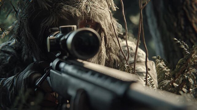 Sniper aiming through scope in dense forest camouflage environment.