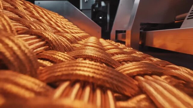 Copper braided cables on an industrial production line close up view