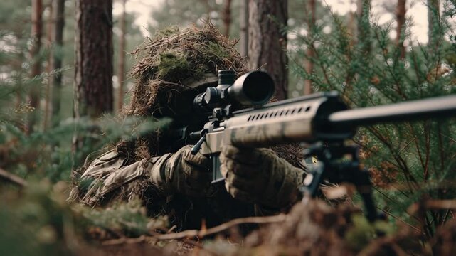 Sniper in camouflage aiming rifle through forest undergrowth.
