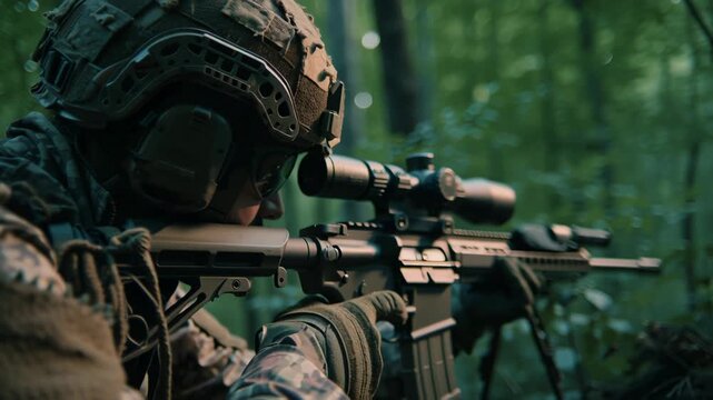 Soldiers aiming rifles in a dense forest during a tactical operation.