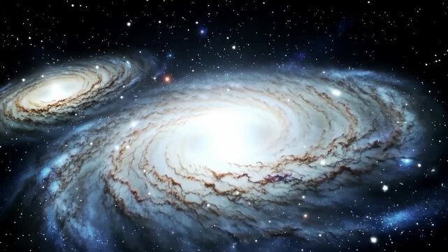 Stunning view of two spiral galaxies in deep space, showcasing vibrant colors and cosmic phenomena