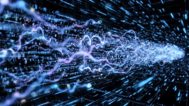 Big data light speed direct flow to right. Abstract digital data stream of quantum computing. Cyberspace of qubit trails. Modern tech information transmission.