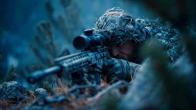 Soldier in camouflage aiming with sniper rifle in forest at dusk.