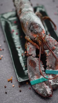 a lobster with spices on a black rectangle plate