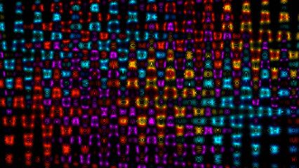 Vibrant neon abstract background featuring glowing colorful mosaic light patterns in a  digital grid.