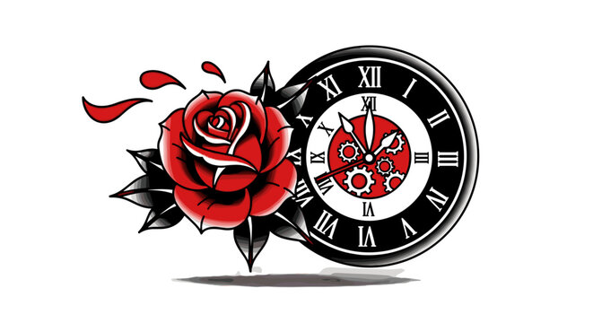 Tattoo Style Red Rose and Clock.