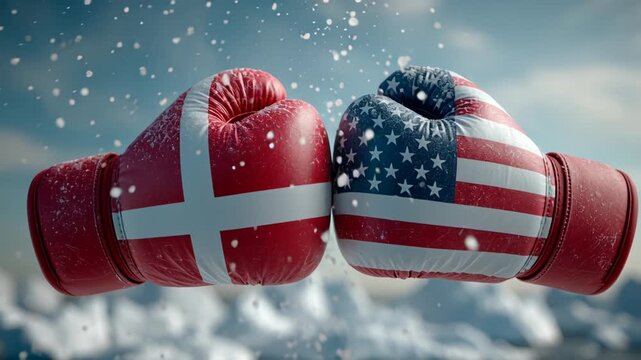 US and Denmark Greenland conflict is illustrated as a geopolitical tension concept. Boxing gloves with Denmark and United States flags facing each other symbolizing competition.